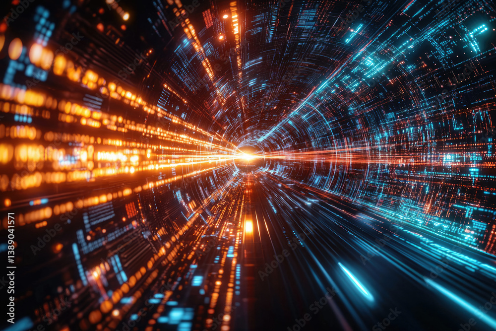 Poster A digital tunnel of glowing orange and blue data streams, representing high-speed data transfer and processing.