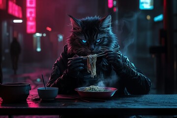 Un gato negro con ojos azules está comiendo fideos en un restaurante de neón.