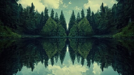 Symmetrical forest trees and their reflection in the calm lake water