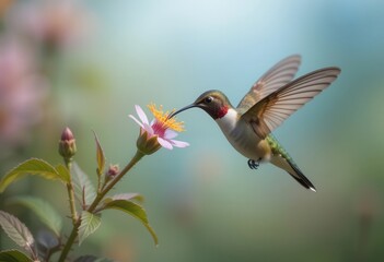 Fototapeta premium Hummingbird hovering near pink flower in vibrant garden