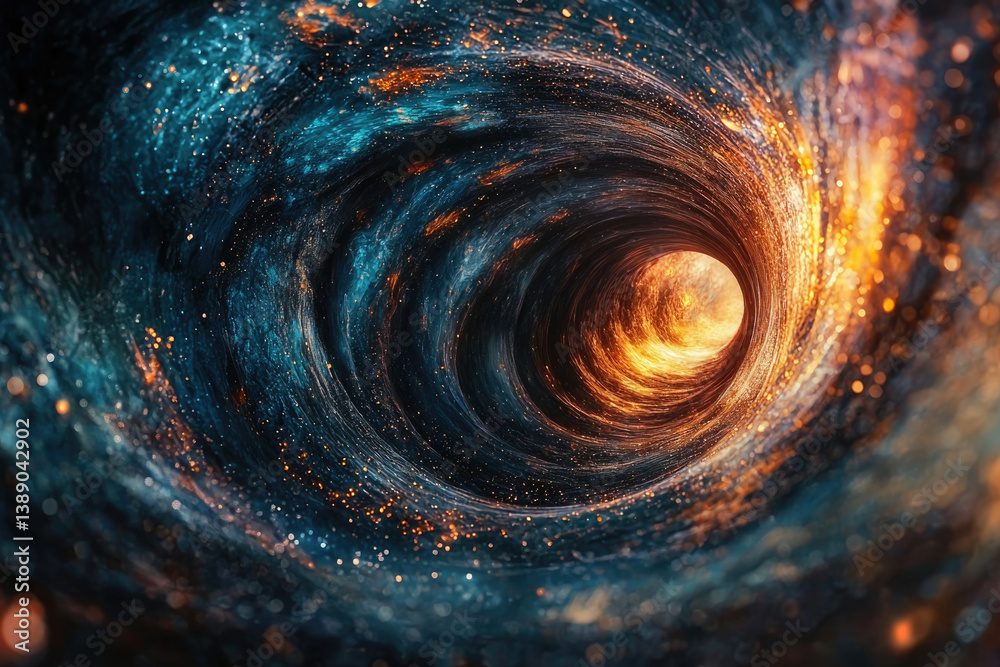 Poster a swirling cosmic vortex, fiery orange core contrasting with a dark blue nebula, depicting a journey