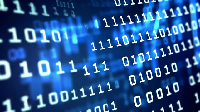 Binary code displayed on a digital screen representing data processing and technology