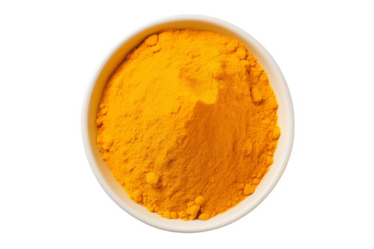 A top down shot of bright yellow turmeric powder in a white bowl against a on transparent background