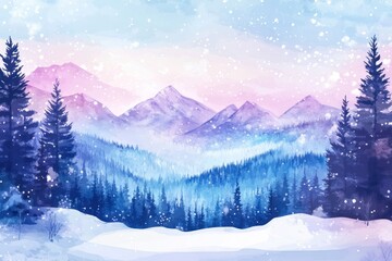 Fototapeta premium A serene winter landscape showing mountains and falling snowflakes
