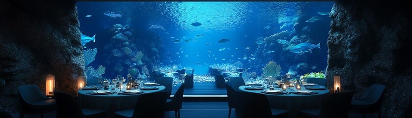 Luxury underwater restaurant with diners enjoying a meal surrounded by marine life.  Stunning ocean view, elegant setting.