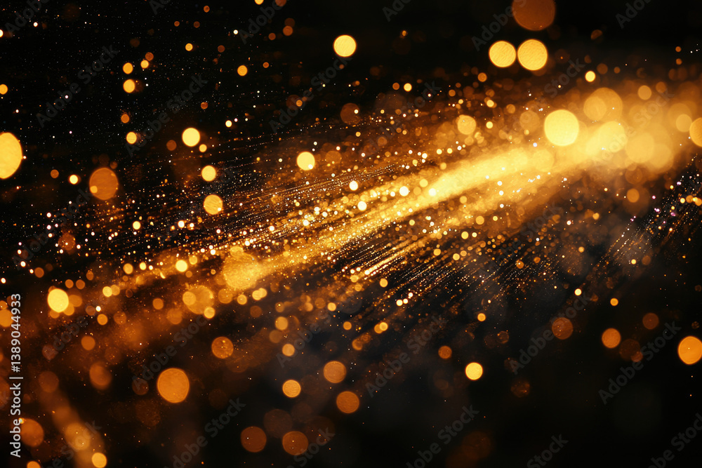 Poster Golden light streaks across a dark background, creating a sparkling, glittering effect with bokeh.