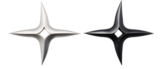 Two metallic stars one silver and one black reflecting light on a dark background isolated object on transparent background