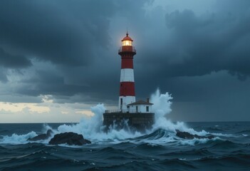 Naklejka premium Stormy lighthouse standing tall against crashing waves at dusk
