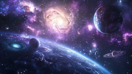 A vibrant depiction of a galaxy with planets nebula and stars in a colorful cosmic scene view of space