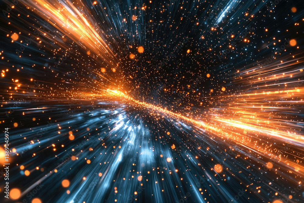 Poster abstract cosmic tunnel with vibrant light streaks and sparkling particles, depicting interstellar tr