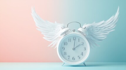 Surreal winged clock against pastel background symbolizing time's flight