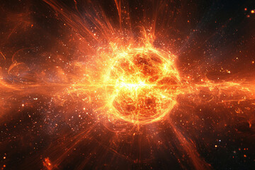 Fototapeta premium A fiery cosmic explosion, a supernova or stellar burst, radiating intense energy across the vast expanse of space.