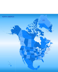 Graphic map of North America regions and territories, Canada, United States, Mexico, vector illustration