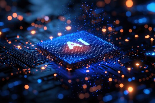 Artificial intelligence microchip highlighted on a glowing futuristic motherboard