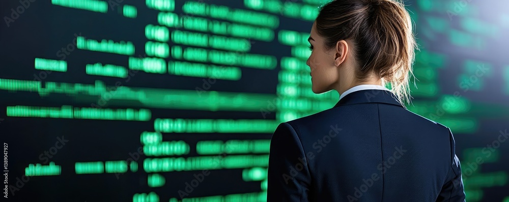 Poster green stock market chart with abstract background in finance concept. businesswoman analyzing data o