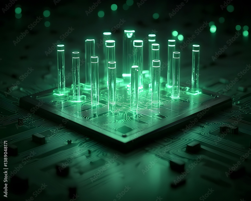 Poster ai-powered computation at its peak, quantum circuits visualizing machine learning processes, glowing