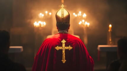 Bishop Leading Catholic Mass in Church Ceremony – Rear View