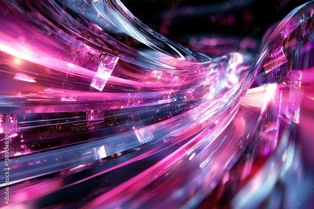 Poster abstract digital art depicting swirling, glowing pink and purple data streams, creating a sense of s