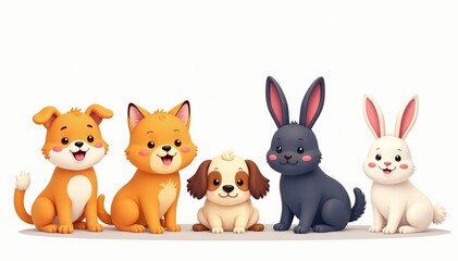 Fototapeta premium A colorful cartoon set of cute animals on white background, including cats, dogs, and rabbits, dogs, animals