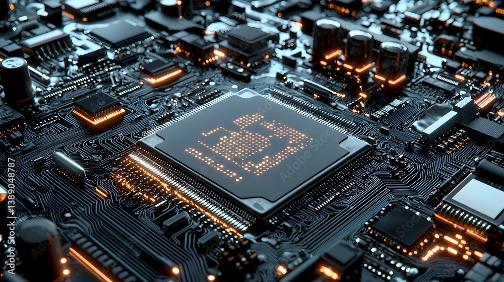 Poster ai efficiency at work, ultra-fast computing processors with glowing neural connections, high-perform