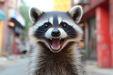 Close-Up of a Playful Raccoon Smiling on Urban Street