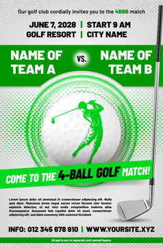 Four-ball golf match poster template with ball, metal club and halftone textures