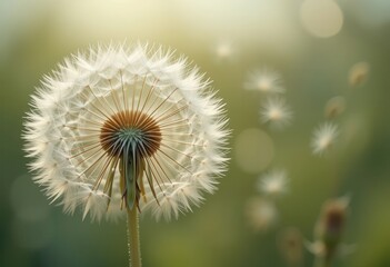 Fototapeta premium Close-up view of a dandelion with seeds drifting in soft sunlight