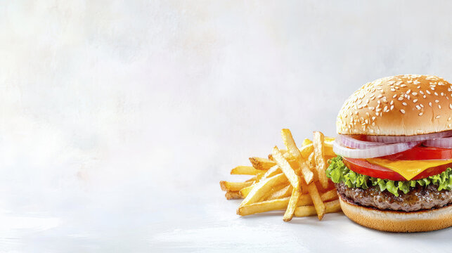 Delicious burger with cheese, lettuce, tomato, onion, and fries