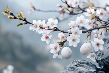 Celebrating Easter Day with Beautiful White Flowers on a Branch Representing New Beginnings and Hope