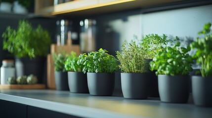 An assortment of potted herbs sitting on a countertop shelf