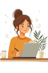 Happy young woman working at her laptop and writing with a pen