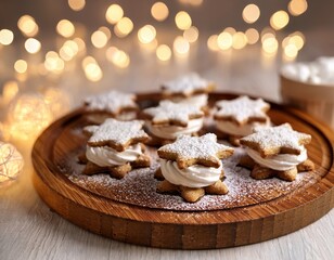 Fototapeta premium Festive star-shaped cookies filled with cream on a wooden platter surrounded by soft glowing lights