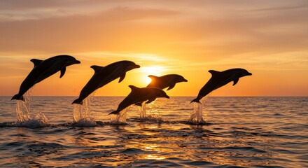 Naklejka premium Five Dolphins Jumping Out of the Ocean Against a Sunset Sky