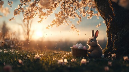 A Charming Bunny Relaxing in the Lush Green Grass with a Colorful Basket of Easter Eggs