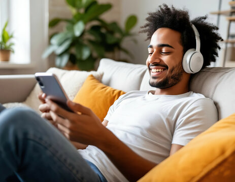 young man relaxing on sofa using phone and smiling. listening to music with headphones - Powered by Adobe