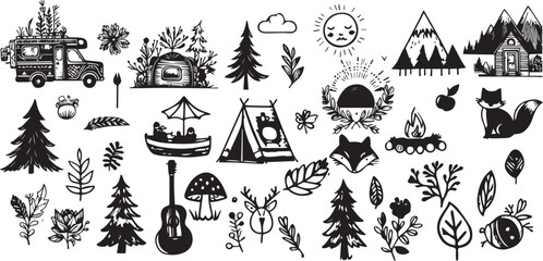 Beautiful whimsical hand drawn style The Great Outdoor illustration set, vector element collection vector