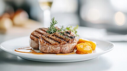 A beautifully plated dish featuring grilled steak, garnished with herbs and served with orange slices, showcasing culinary elegance.