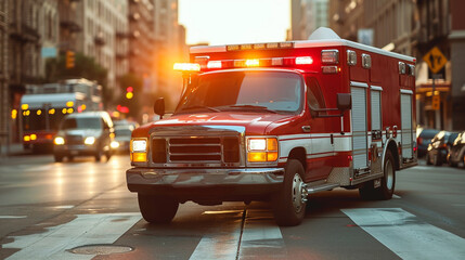 Speeding red fire truck with flashing emergency lights and siren rushing down a busy city street at sunset navigating through urban traffic and skyscrapers in the background