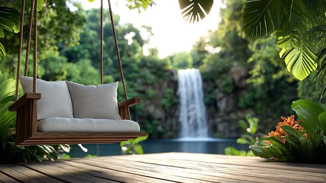 Serene wooden swing in lush greenery with a cascading waterfall in the background