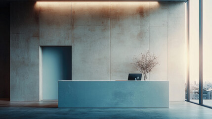 sleek minimalist reception area featuring modern desk, computer, and decorative plant. concrete walls and large windows create bright, airy atmosphere, perfect for welcoming guests