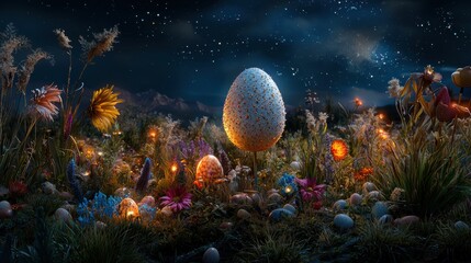 Fototapeta premium Enchanting Easter Day Celebration in a Dreamy Field of Colorful Flowers and Magical Eggs Under the Full Moon