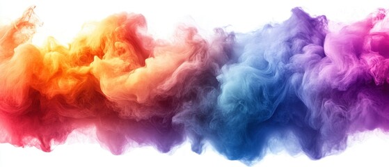 Ethereal smoke art in vibrant gradient of orange pink blue and purple on white background creating a dreamy and abstract visual effect for creative projects