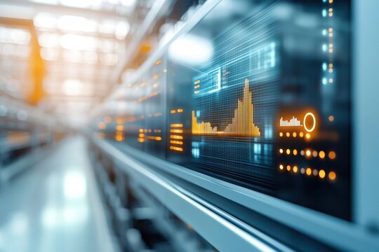 A close-up view of a data visualization display, showcasing dynamic graphs and analytics in a modern digital environment.