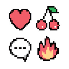 Pixel Art Icons Heart Cherries Chat Bubble and Fire