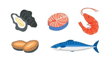 Variety of seafood. Abalone, oysters, salmon, shrimp, mackerel