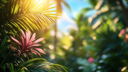 Lush jungle foliage with vibrant greens and pinks, sunlit sky