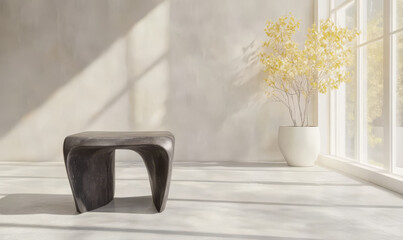 Modern minimalist interior with a unique black bench and a vase of dried flowers