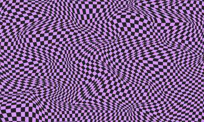 Violet checkered wavy pattern. Abstract design for banner. Chessboard surface with warped effect. Distorted geometric graphic background. Awry chess square pattern. Vector illustration
