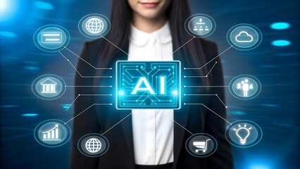 Futuristic AI holographic interface with circuit board. Person interacting with advanced technology system. Digital artificial intelligence network concept.