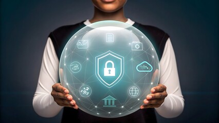 Futuristic person holding holographic cybersecurity globe. Digital protection concept with shield and lock icons. Innovative tech artwork with glowing data symbols.